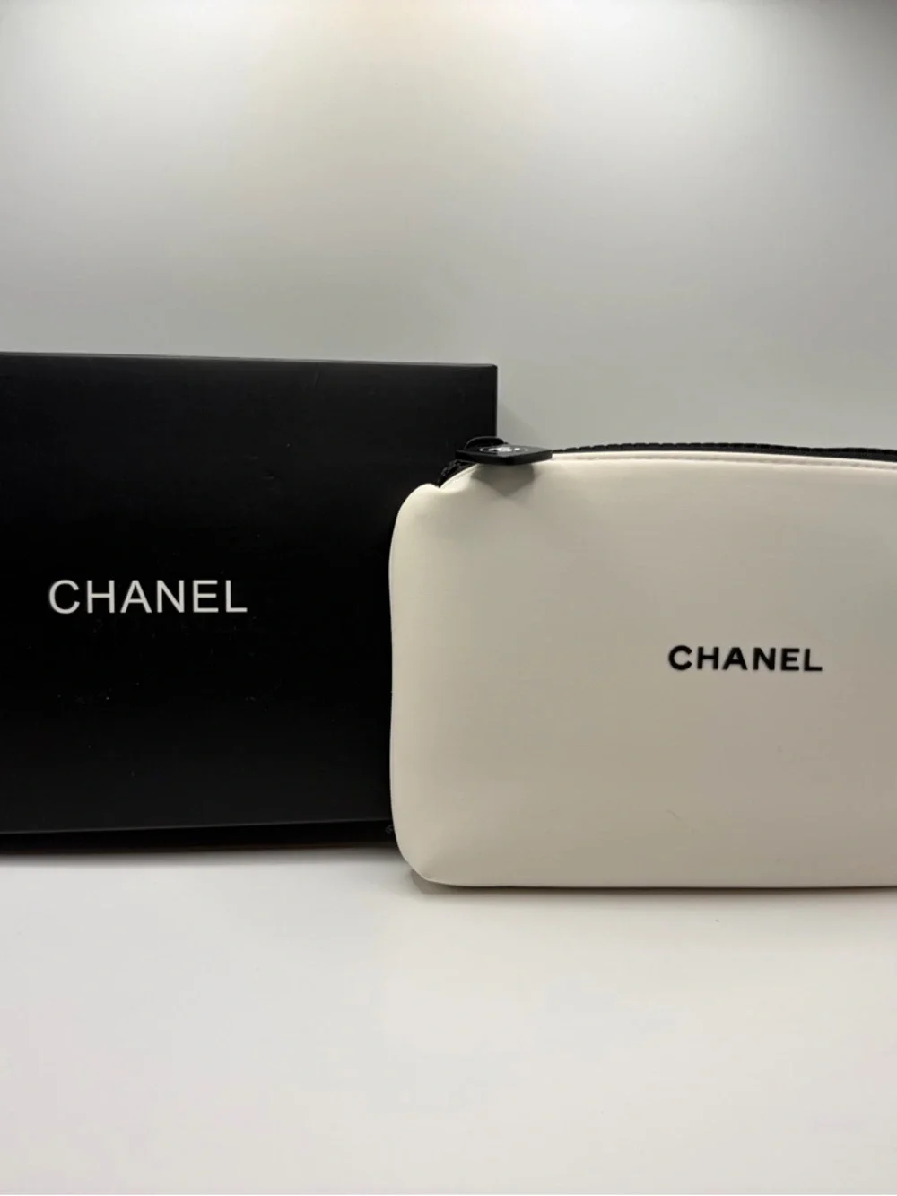 Designer Inspired Elegant White Cosmetic Pouch With Black Logo